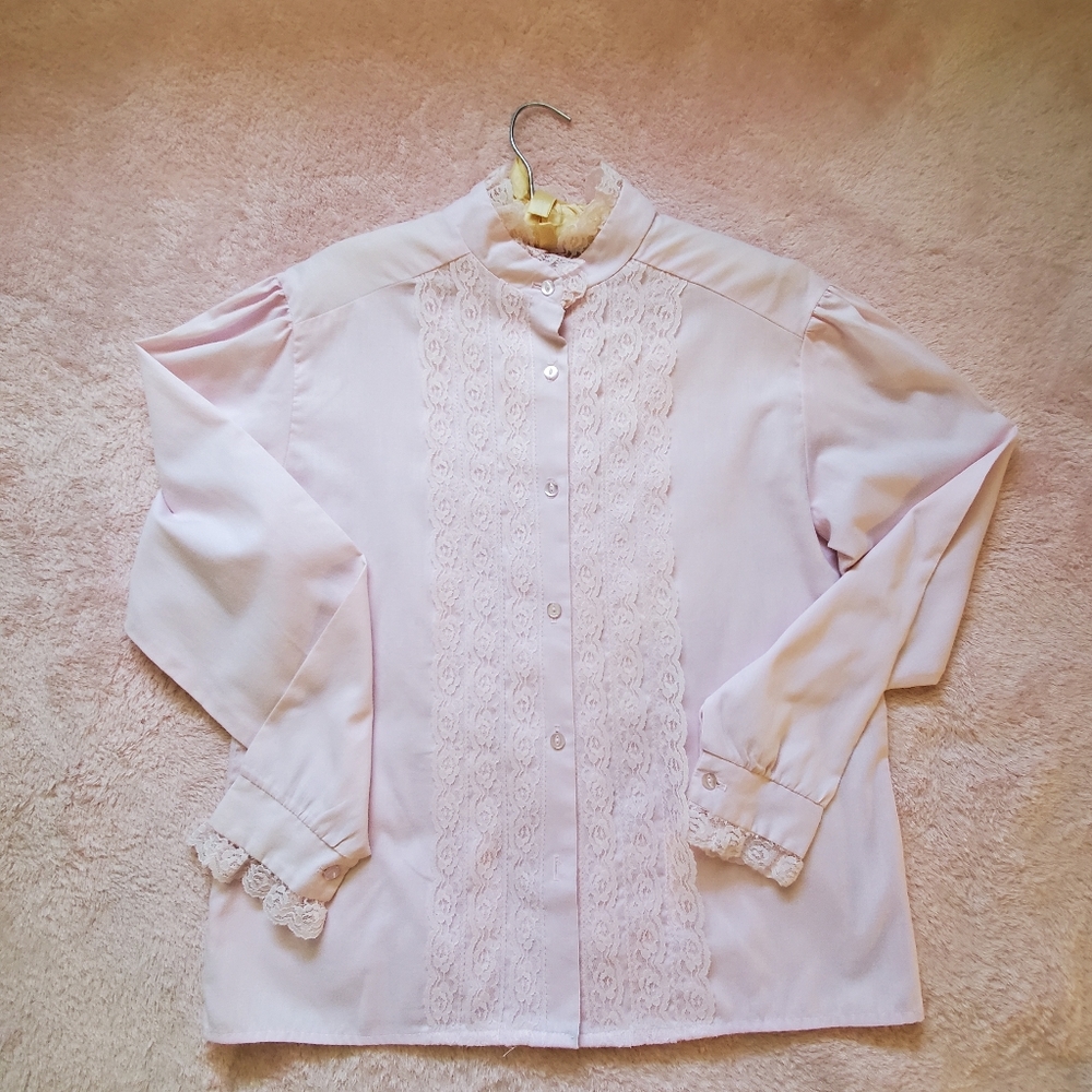 Ladies Vintage Lace Front High Neck Long Sleeve Blouse Size M